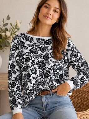 Appleseed’s Women’s Black White Floral Cotton Sweater Cottagecore Garden Party M